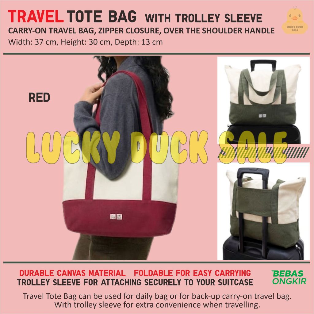 UNIQLO Red Arigato Travel Tote Bag Zipper Limited Canvas Zipper Suitcase Sleeve