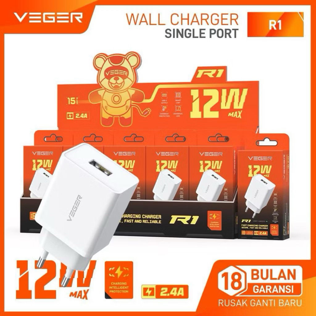 (ใหม่) 1 กล่อง VEGER R1 / VEGER R1 2.4A เครื่องชาร์จชาร์จเร็ว 12w การรับประกันอย่างเป็นทางการดั้งเดิ