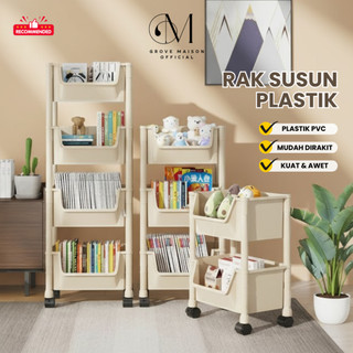 GROVE MAISON Rak Dorong Plastik Serbaguna / Rak Susun 3-5 Tingkat + Roda Portable Untuk Buku Mainan & Penyimpanan