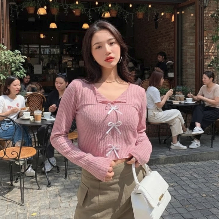 Kiana ถักวาฟเฟิลเสื้อแขนยาว Fit ถึง L -01 Kiana ถักวาฟเฟิล Longsleeves Top Fit L ผ้าฝ้ายหวาน