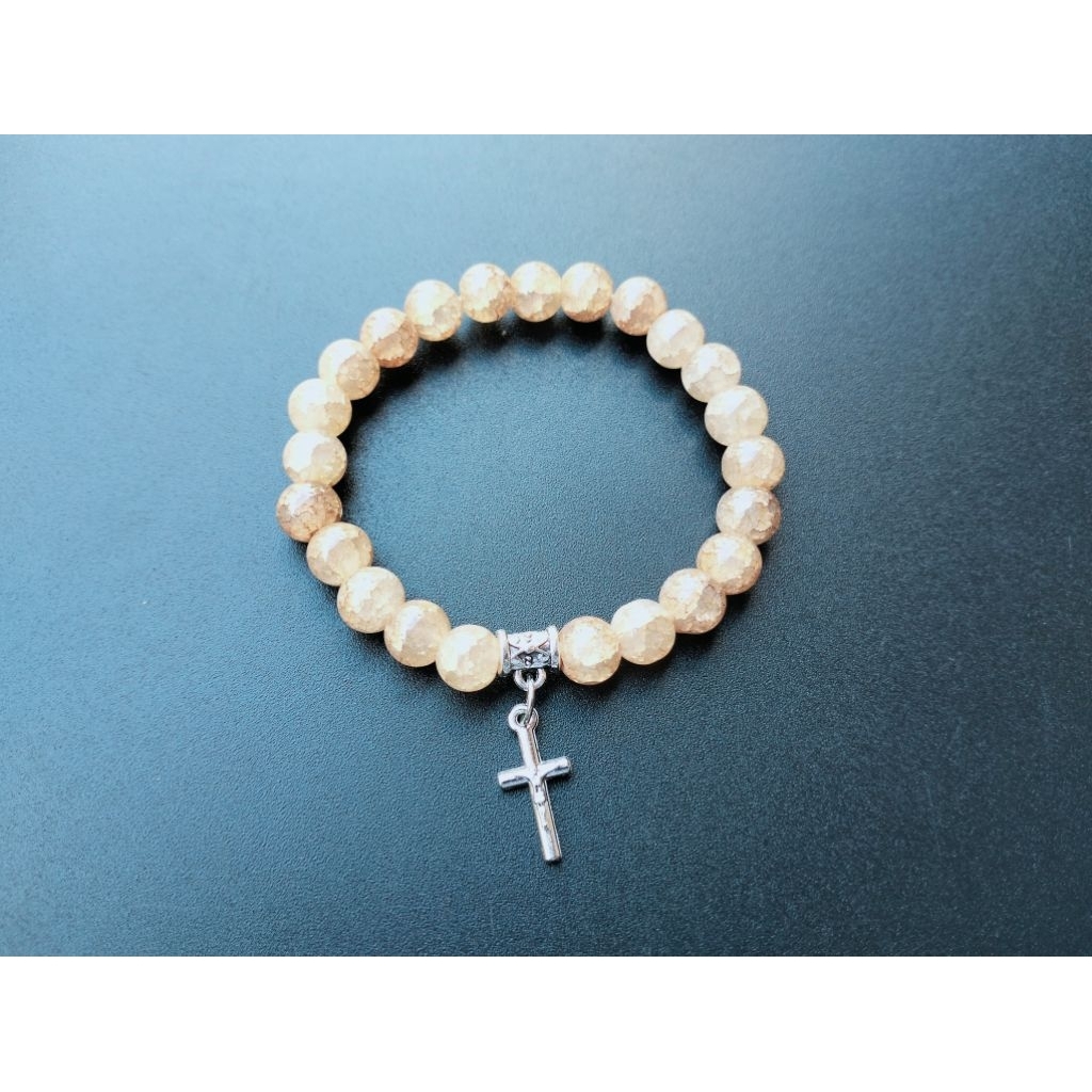 G979 แก้วหยกหรูหรา คริสตัล HEAVY PEARL CROSS BRACELET CATHOLIC BRACELET