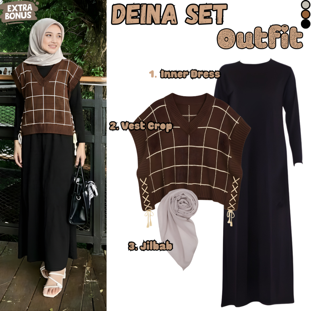 Deina Set Outfit Hangout (ชุดด้านใน + เสื้อกั๊กครอป + ฮิญาบ) ชุด Oneset Street Suit N14