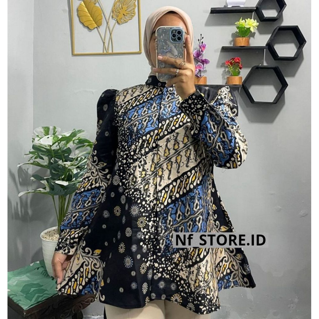 KEMEJA Puffy Jnangan Batik Blouse, Modern Womens Top, Puffy Long Sleeve Batik Shirt, Janggan Stripe 