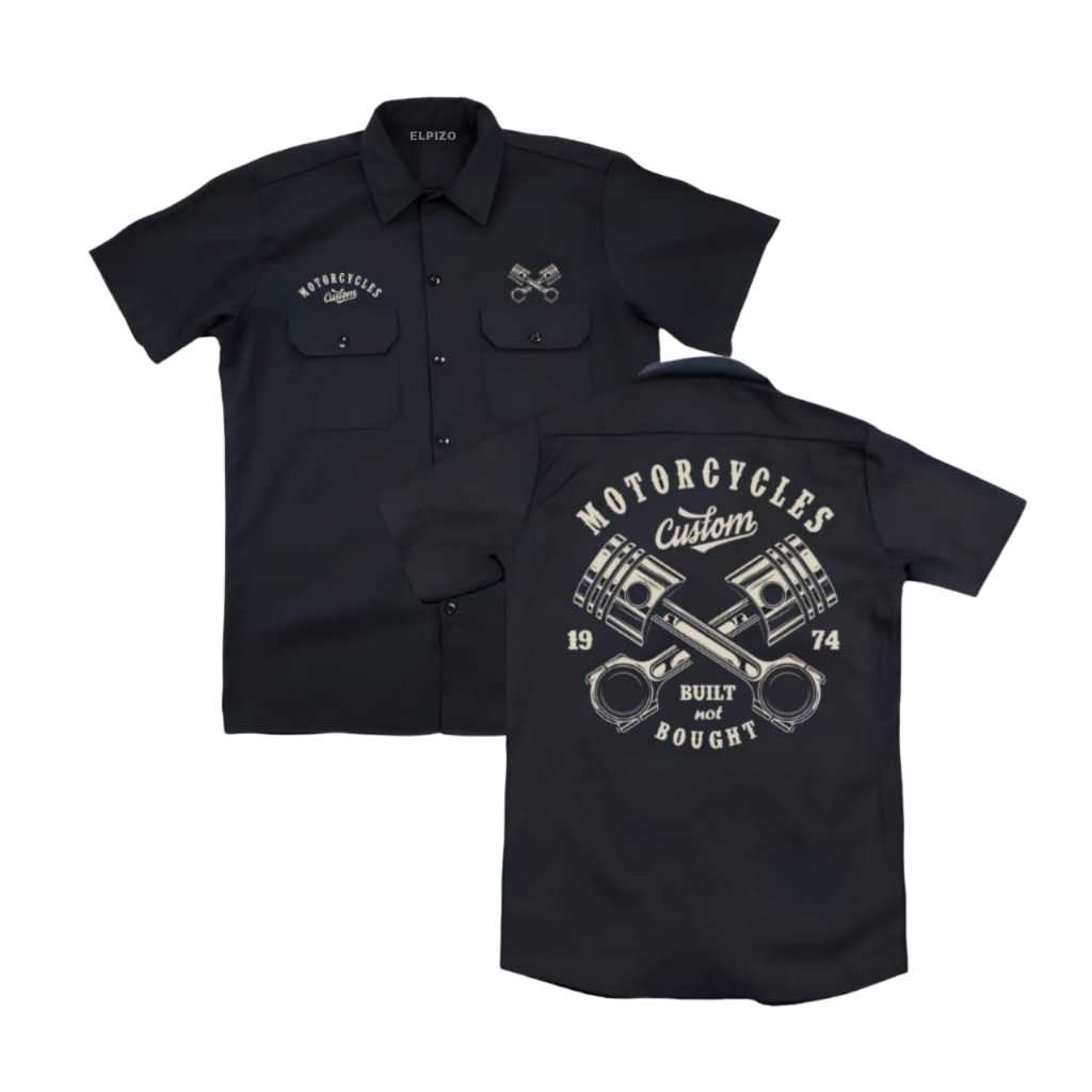 LOKAL KEMEJA Workshirt MOTOR CYCLES เสื้อทํางานแขนสั้น unisex ผู้ชายและผู้หญิง distro เสื้อผ้าผ้าฝ้ายทอลายทแยงวัสดุขนาดท้องถิ่น