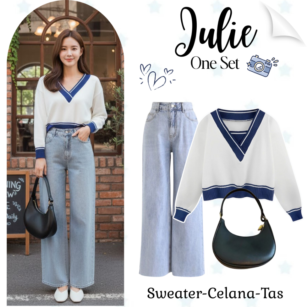 Julie One Set 3in1 สไตล์เกาหลี (เสื้อกันหนาว, กางเกงยีนส์, กระเป๋า) ชุดสตรีอินเทรนด์ - KA94