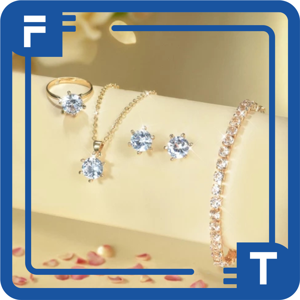 FT สร้อยคอสร้อยข้อมือแหวนต่างหูชุด 4in1 เครื่องประดับเพทายยุโรปและอเมริกาชุดอุปกรณ์เสริมยอดนิยม A205