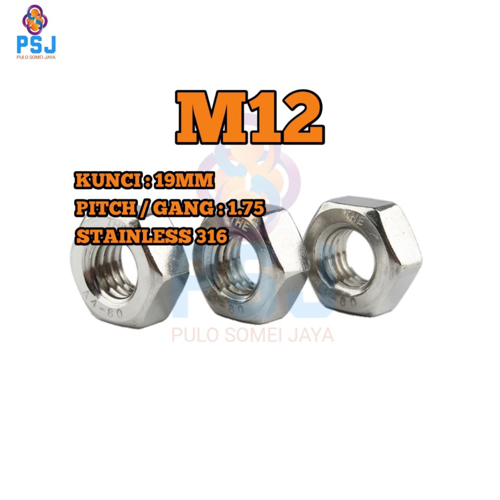 M12 Stainless 316 Hex Nut Key 19MM Pitch 1.75