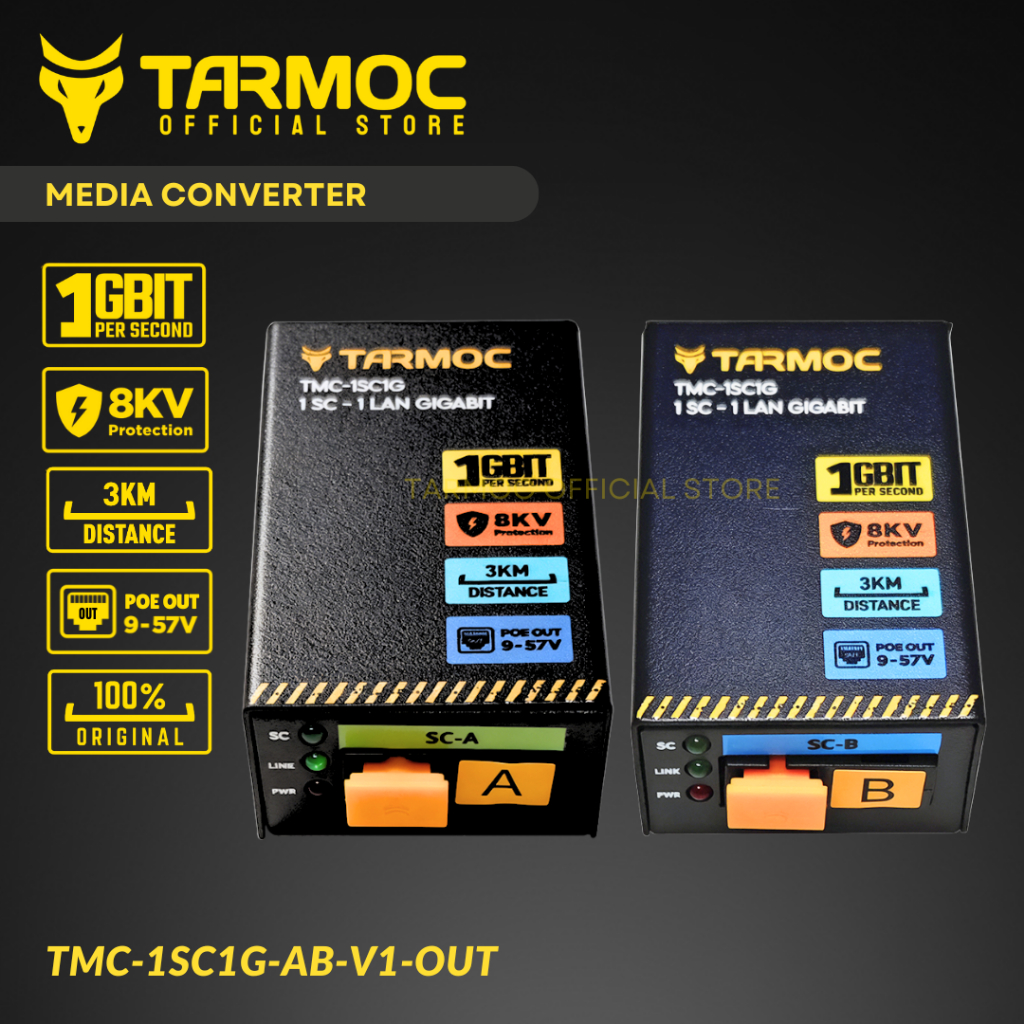 Tarmoc TMC-1SC1G-P-V1-OUT | Media Converter 1FO 1LAN / 1 FO 1 LAN Gigabit POE IN POE out 9-57 Volt |