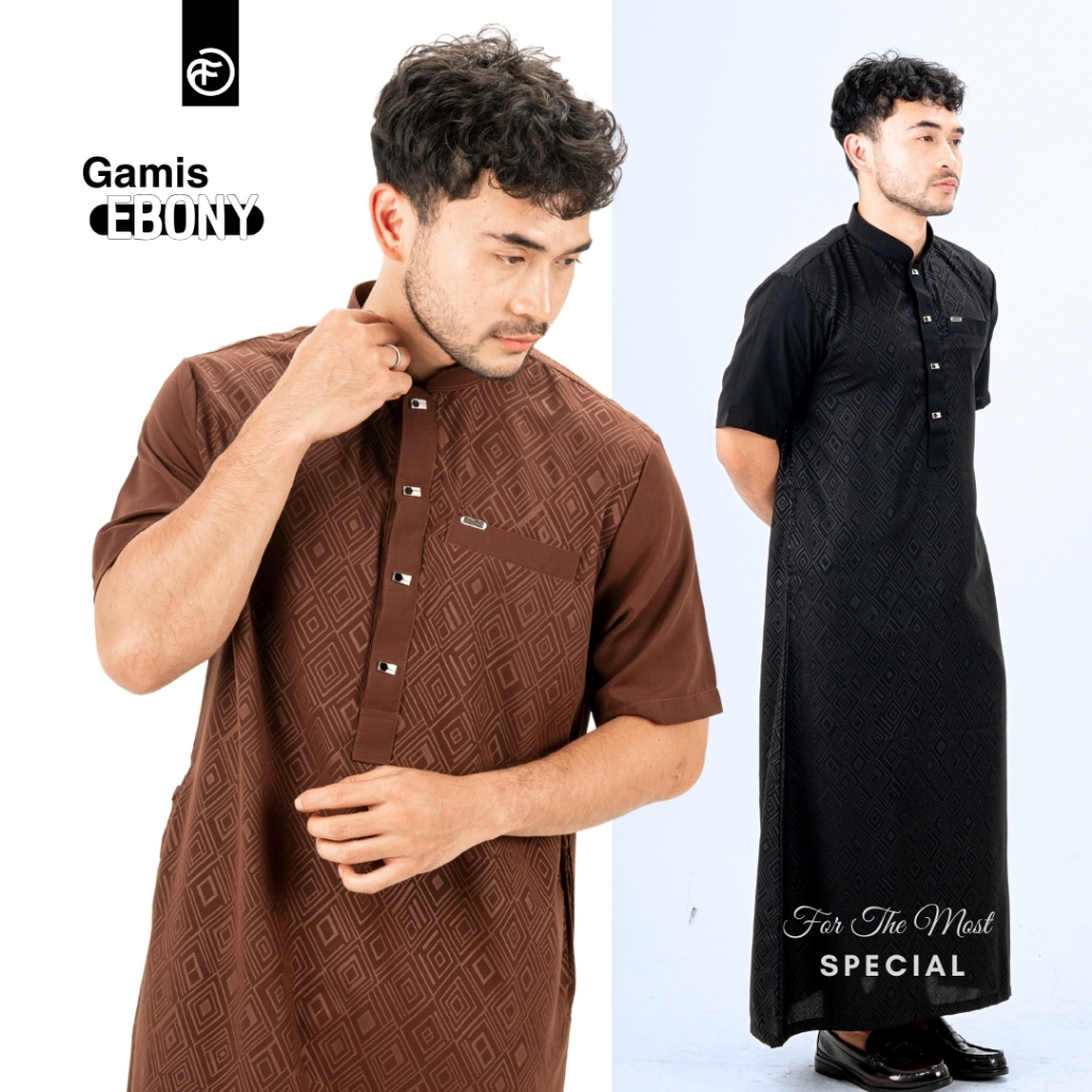 FOBDG Nusantara Gamis Ebony Brown Mahogany แขนสั้นผู้ชายวัสดุมุสลิมนูน wolfis batik มีสไตล์สบาย
