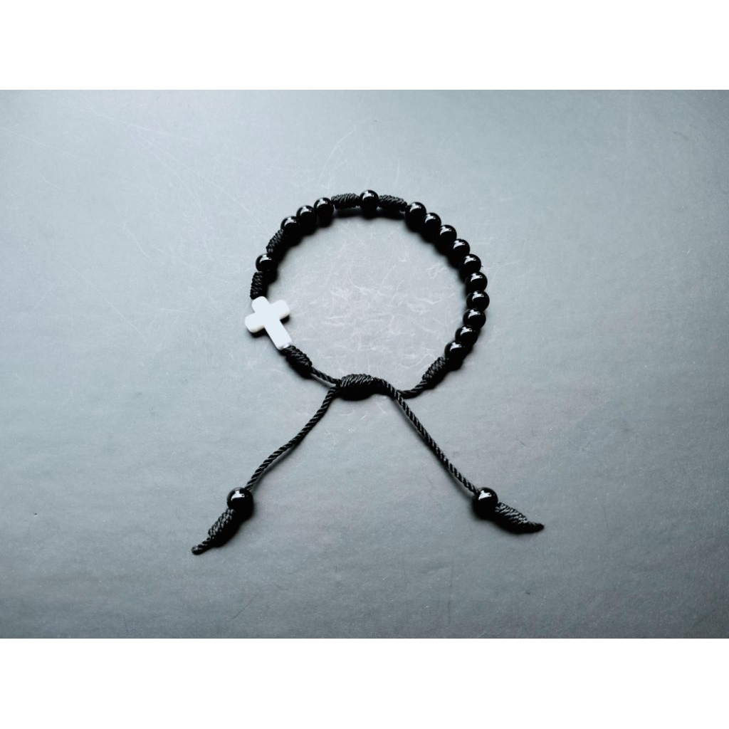 G1059 BLACK HEAVY PEARL CROSS ROSARY BRACELET 6MM CATHOLIC BRACELET