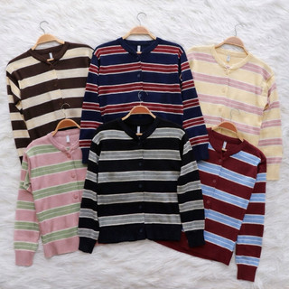 Rachel Cardigan Rajut Kancing Motif Stripe Wanita Korean Stayle