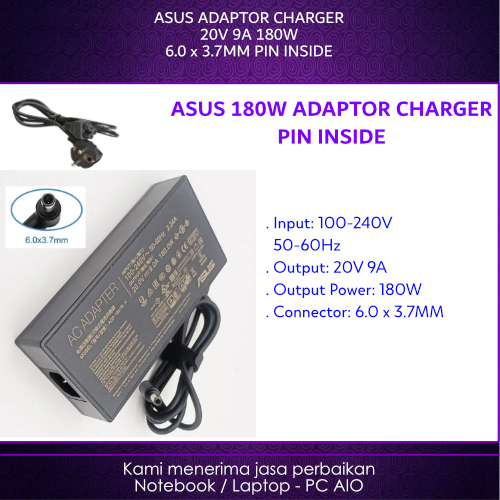 ASUS 20v 9a 6.0x3.7 มม.ขา 180W ROG Zephyrus G GA502 GA502D GA502DU TUF FX705D FX705DD FX705DT FX705D