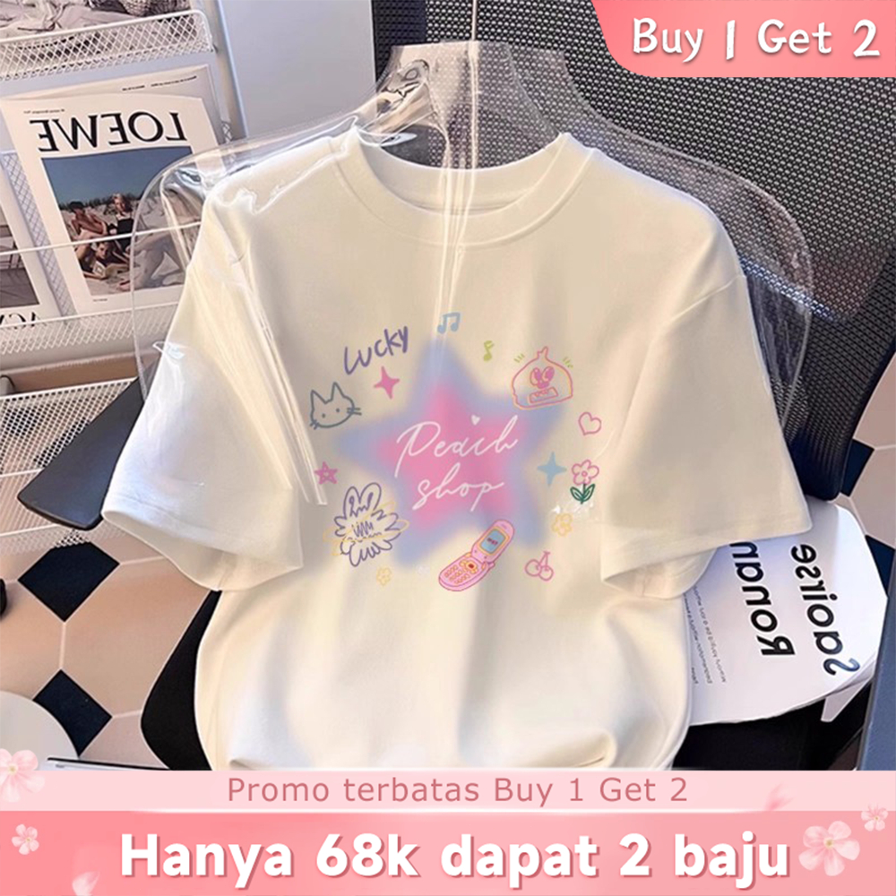 [ซื้อ 1 แถม 2] เสื้อยืดโอเวอร์ไซส์ Pink Star & Cute Element Motif (Cat, Old Phone) with Peach Shop L