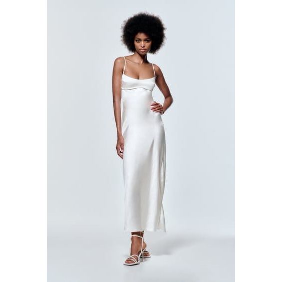 ZARA WHITE SATIN EFFECT MIDI SLIP DRESS