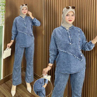 Setelan Jeans Mix Salur Terbaru Rachelia
