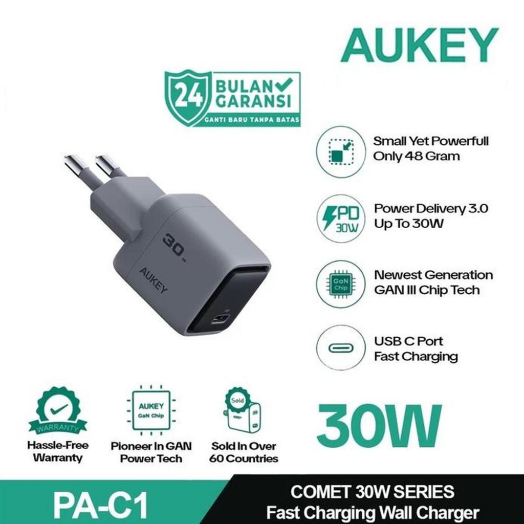AUKEY Charger PA-C1 Type C 30W GAN III PD 3.0 PPS Super Fast Charging Comet 30W Series PA-C1