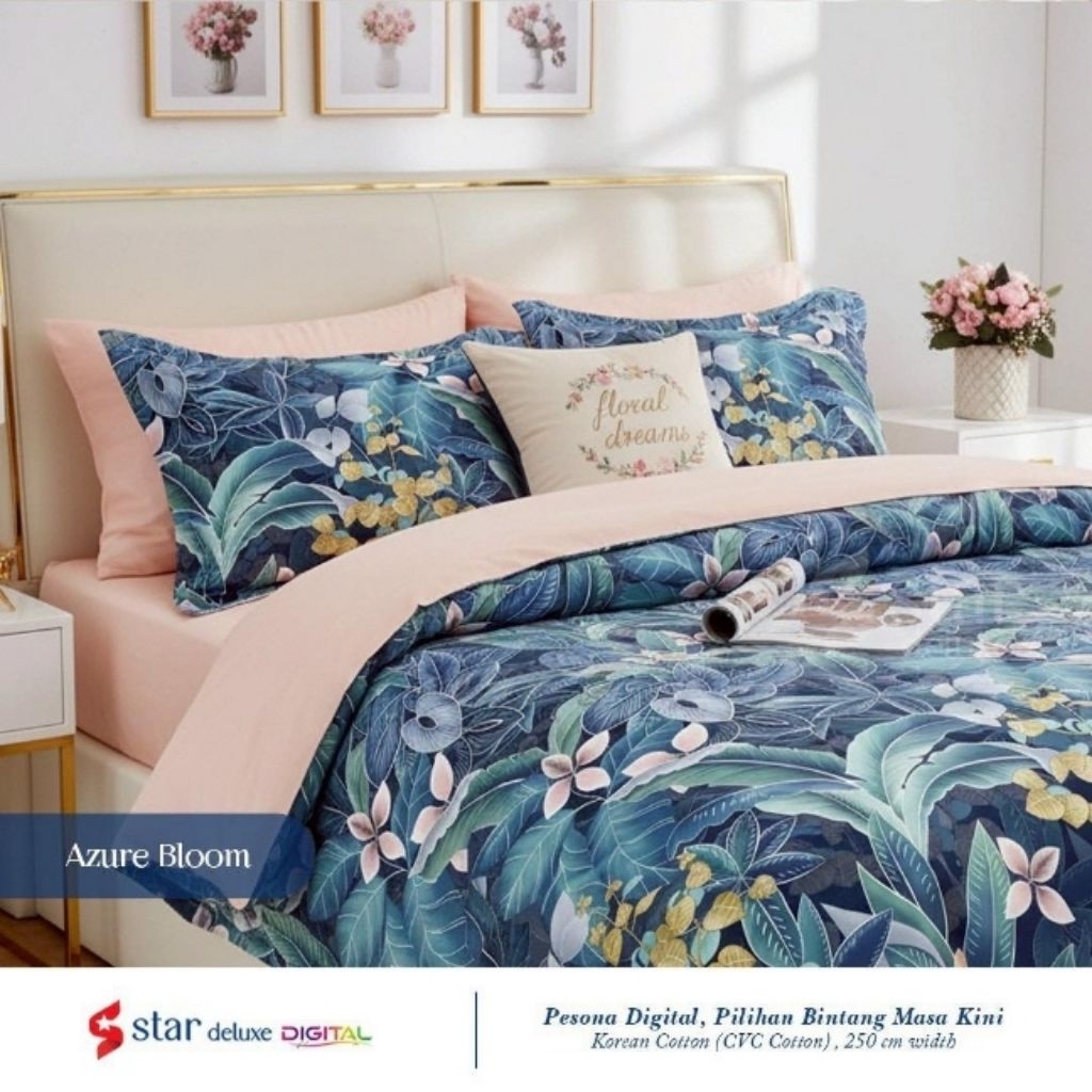 KATUN พรีเมี่ยมผ้าฝ้ายผ้าปูที่นอน Azure Bloom Motif By Star Cotton Material,ผ้าปูที่นอนโฮมเมด/ผ้าปูท