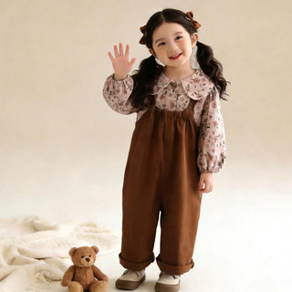 Ukuran120 130 140-KINGOGO Style Terbaru Setelan Anak Perempuan Kemeja Motif Bunga+Celana Panjang Overall Setelan Mains Anak Perempuan