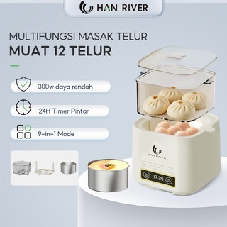 Han River Panci Listrik 9-in-1 Egg Cooker Double Layer 300W Low Watt Multifungsi Steamer & Cup Kukus