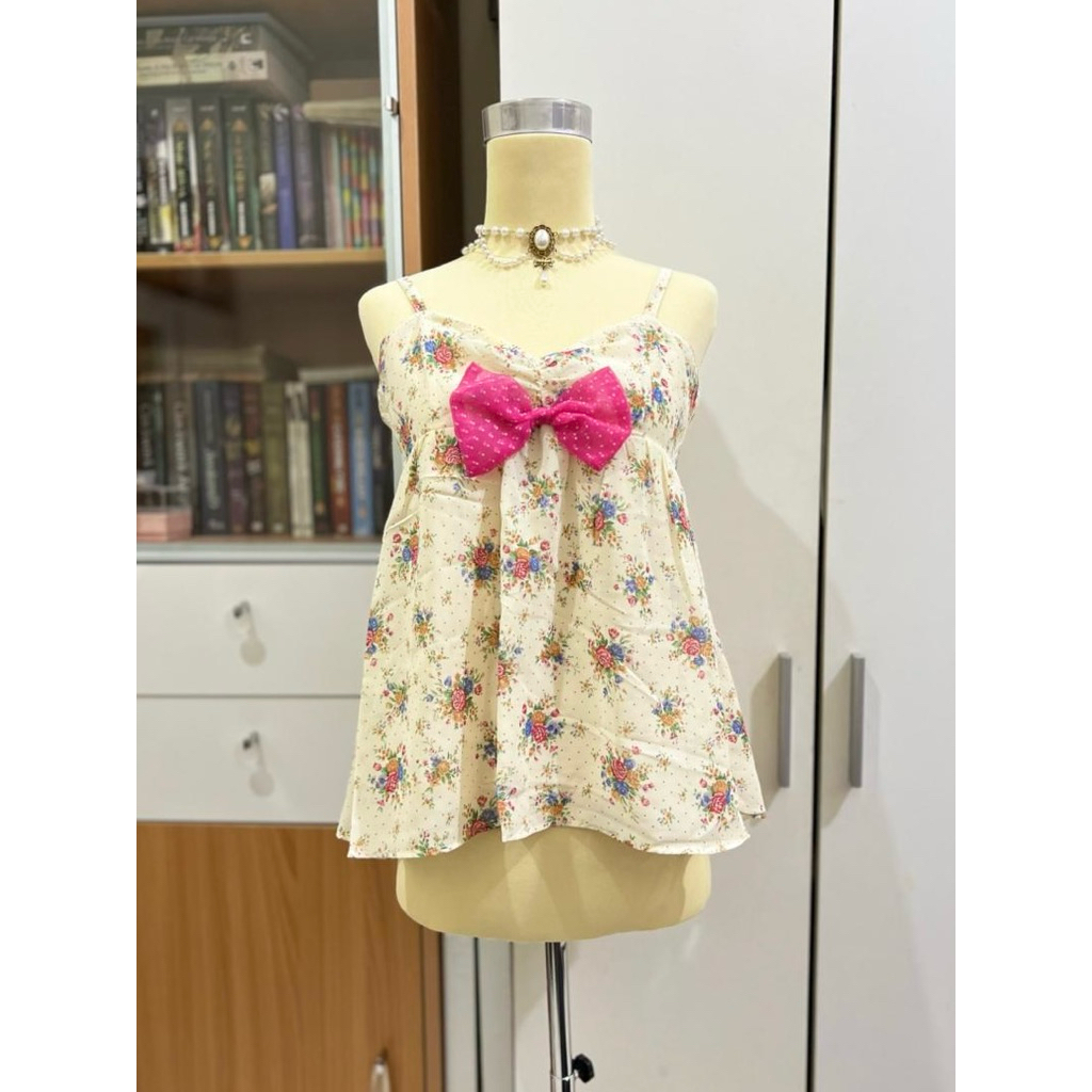 น่ารัก Kawaii Coquette Dollette สีชมพูโบว์ดอกไม้เสื้อกล้าม