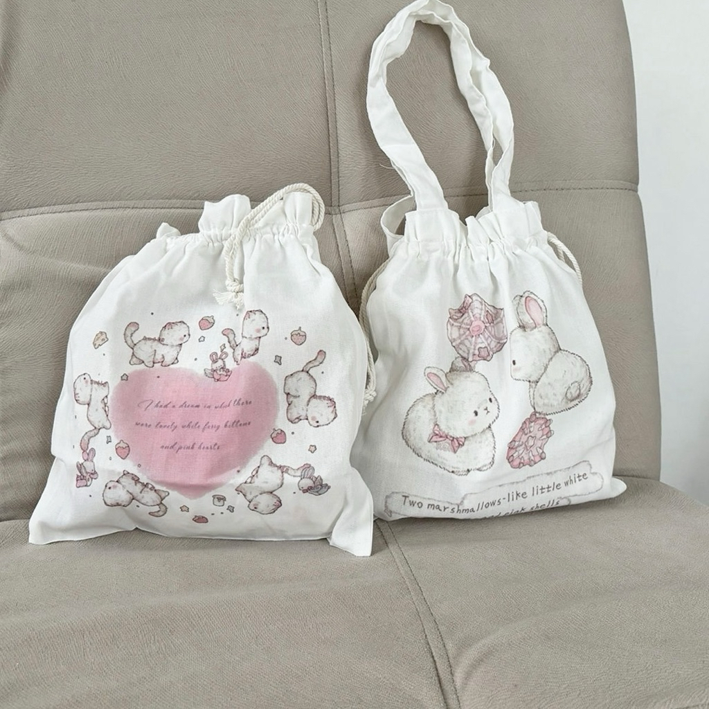 Mocorie - Midelula coquette Drawstring Bag / Mini coquette Ribbon Totebag / Pink Ribbon Mini Drawstr