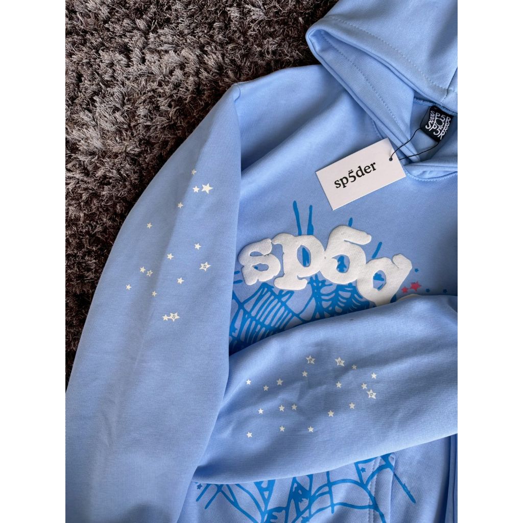 เสื้อกันหนาวมีฮู้ด Sp5der Puff Light Blue Coolest วัสดุหนา unisex ผู้ชายผู้หญิง