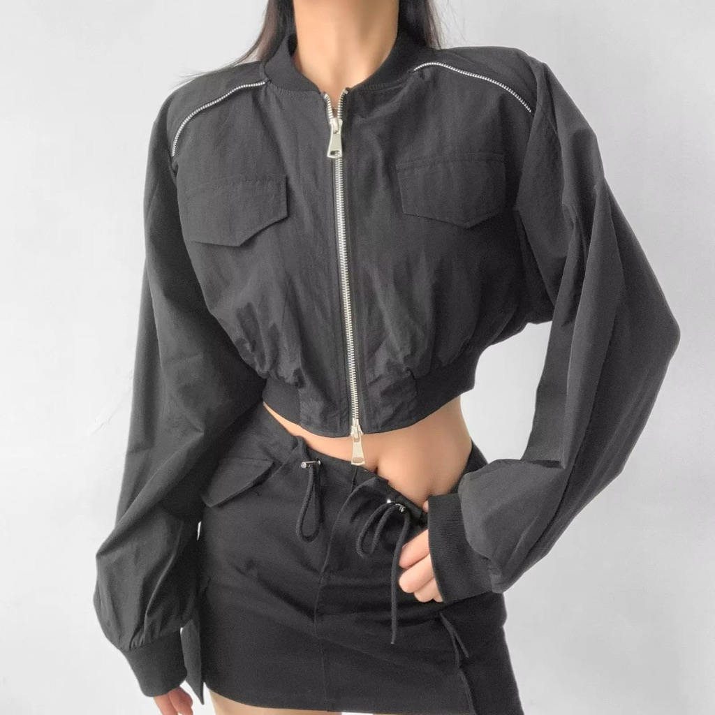 CROPE JACKET LIST POCKET DOUBLE ZIPPER | DOUBLE ZIPPER CROPE JACKET