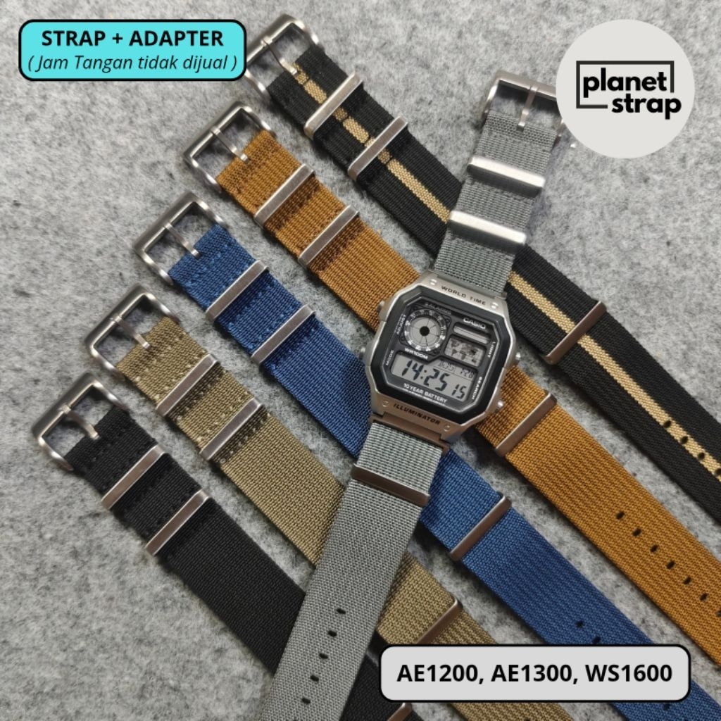 ไนลอน Nato สาย Ribbed ไนลอน Brushed SS Buckle/Ring Casio AE1200 AE1300 WS1600 รวมอะแดปเตอร์