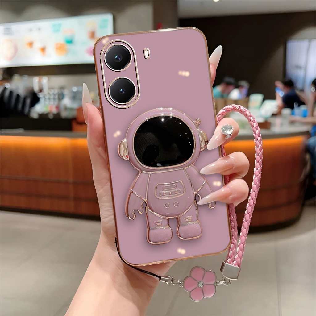 เคสนิ่ม Xiaomi Poco X7 / X7 Pro 5G ชุบหรูหรานักบินอวกาศผู้ถือฟรีสายคล้องดอกไม้ Lanyard Premium
