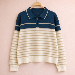 Riani Polo Sweater Rajut Kerah Zipper Motif Stripe Wanita Lengan Panjang