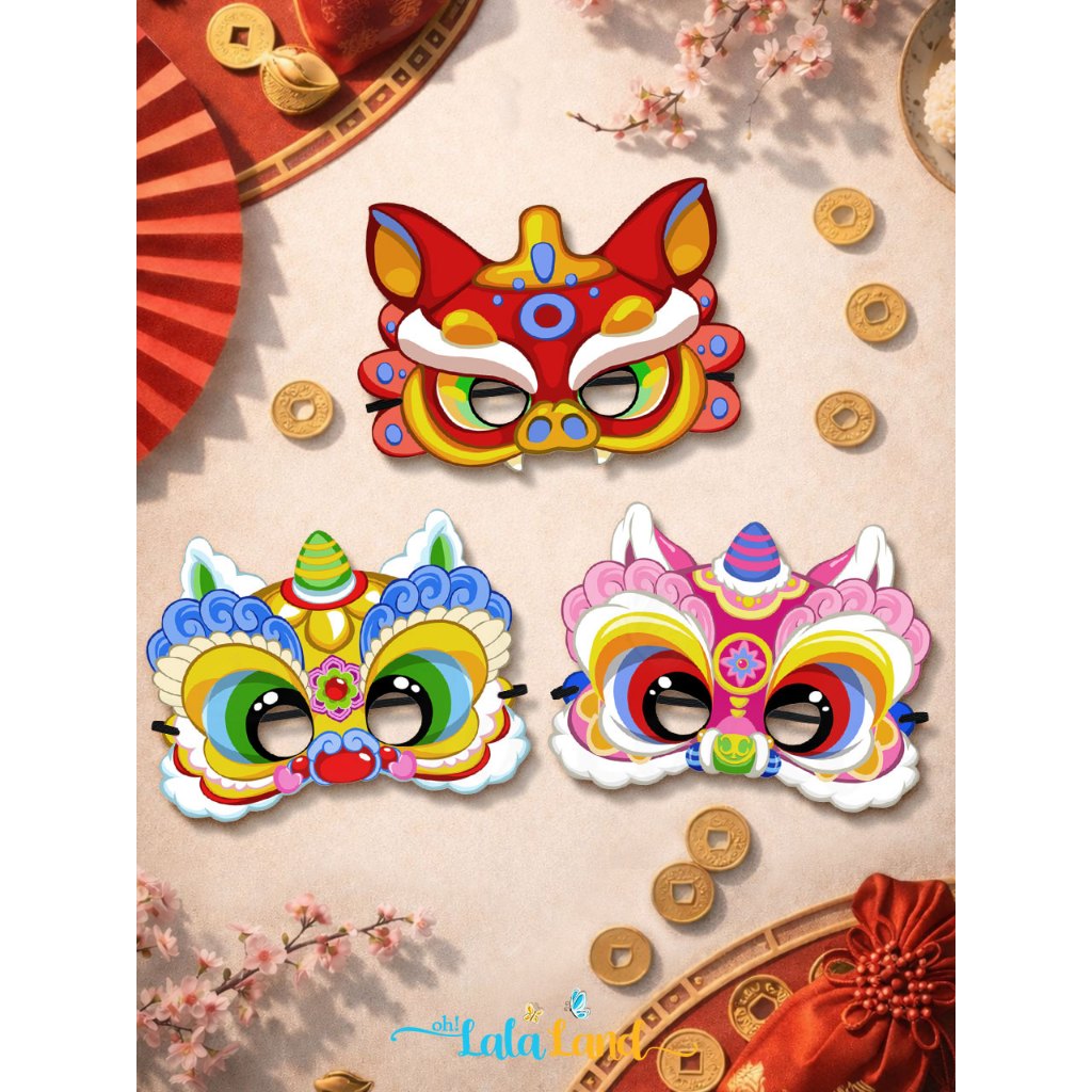 หน้ากากกระดาษเชิดสิงโต CNY | Lion Dance หน้ากากปาร์ตี้ตรุษจีน | อุปกรณ์เสริมภาพถ่ายคอสเพลย์ Xin Cia 