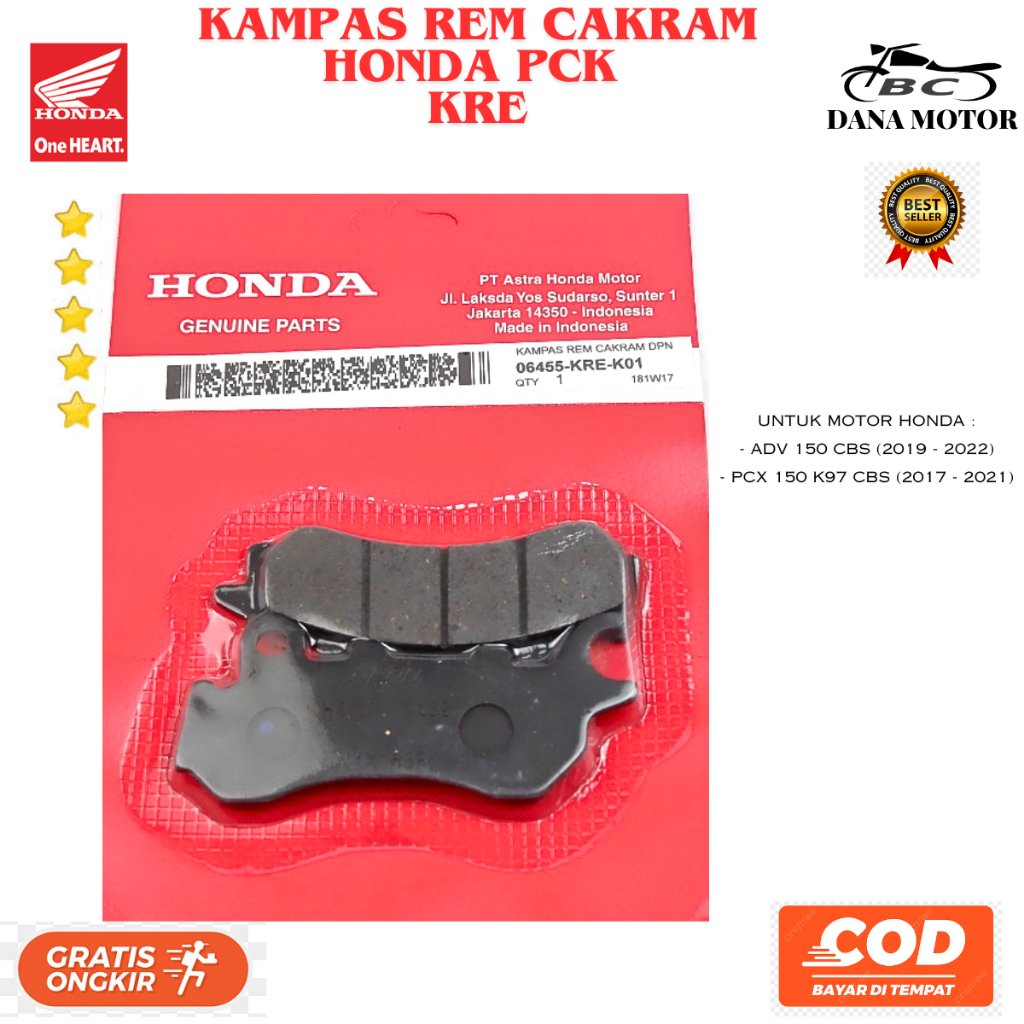 ผ้าเบรคหน้า Pcx ดั้งเดิม / ผ้าดิสก์เบรกหน้า Honda ADV พรีเมี่ยมดั้งเดิม - 06455-KRE-K01