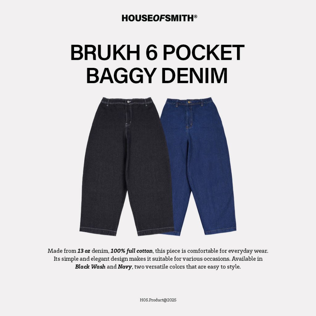 House of Smith Mens Denim Pants - Brukh 6 Pocket Baggy Denim Wash - Long Baggy Denim