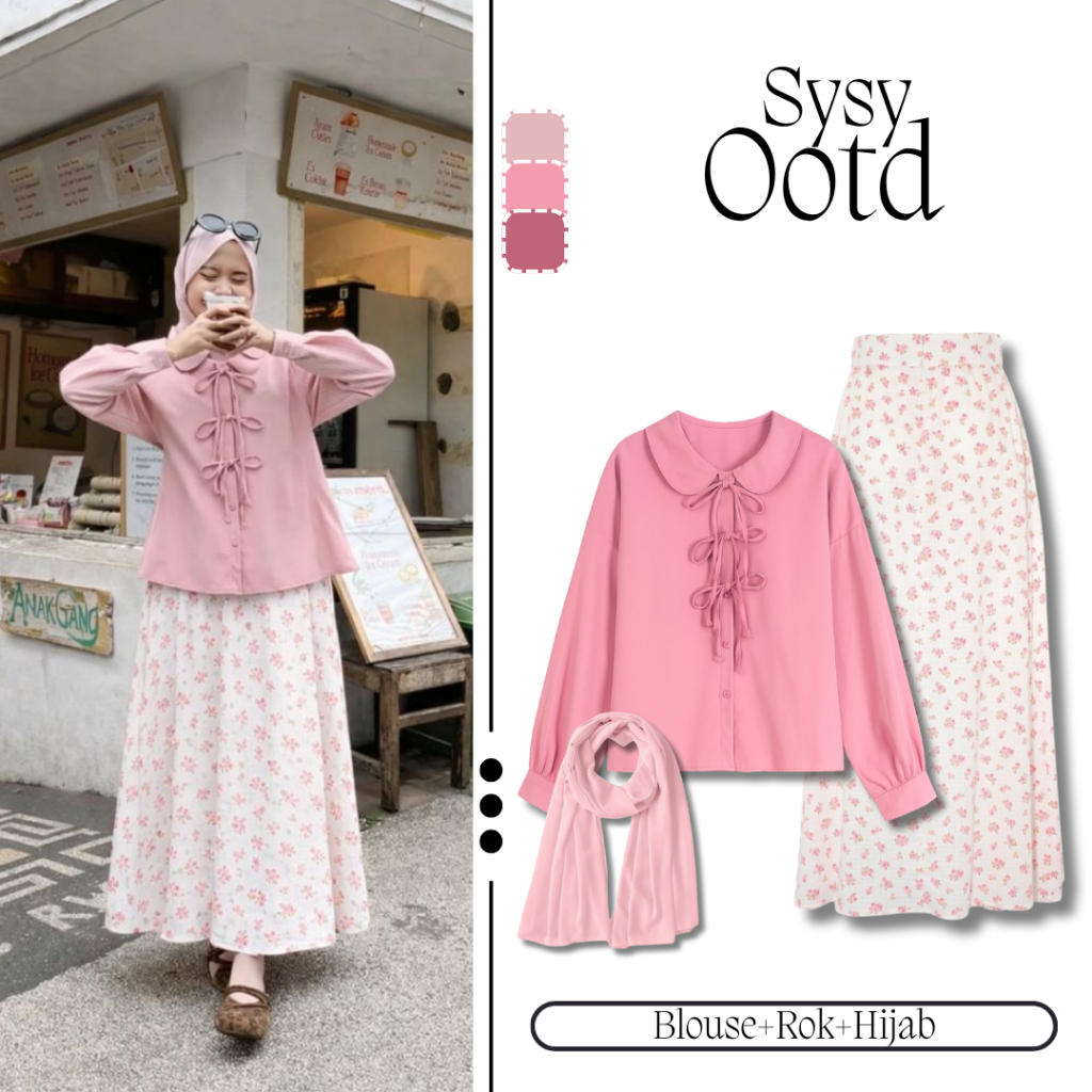 Coquette Eid Outfit [เสื้อ Sysy + กระโปรงลายดอกไม้ + Pashmina] Girly Girl to Make You Need HS7M
