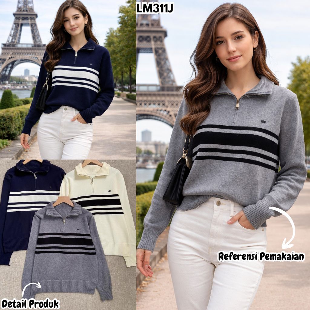 HAPPY SHOP - ผู้หญิง ZIPPER TOP LM311J 311J PREMIUM KNIT STRIPED MODERN FASHIONABLE