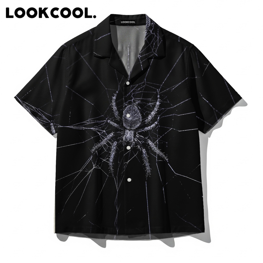 KEMEJA LOOKCOOL Black Spider Web Gothic Dark Aesthetic Short Sleeve Premium Shirt