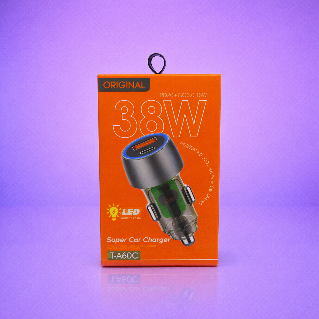 [T-A60C] Super CAR Charger PD 38W USB-A + USB-C จอแสดงผล LED Light Saver CAR PD20W + Power Quick Cha