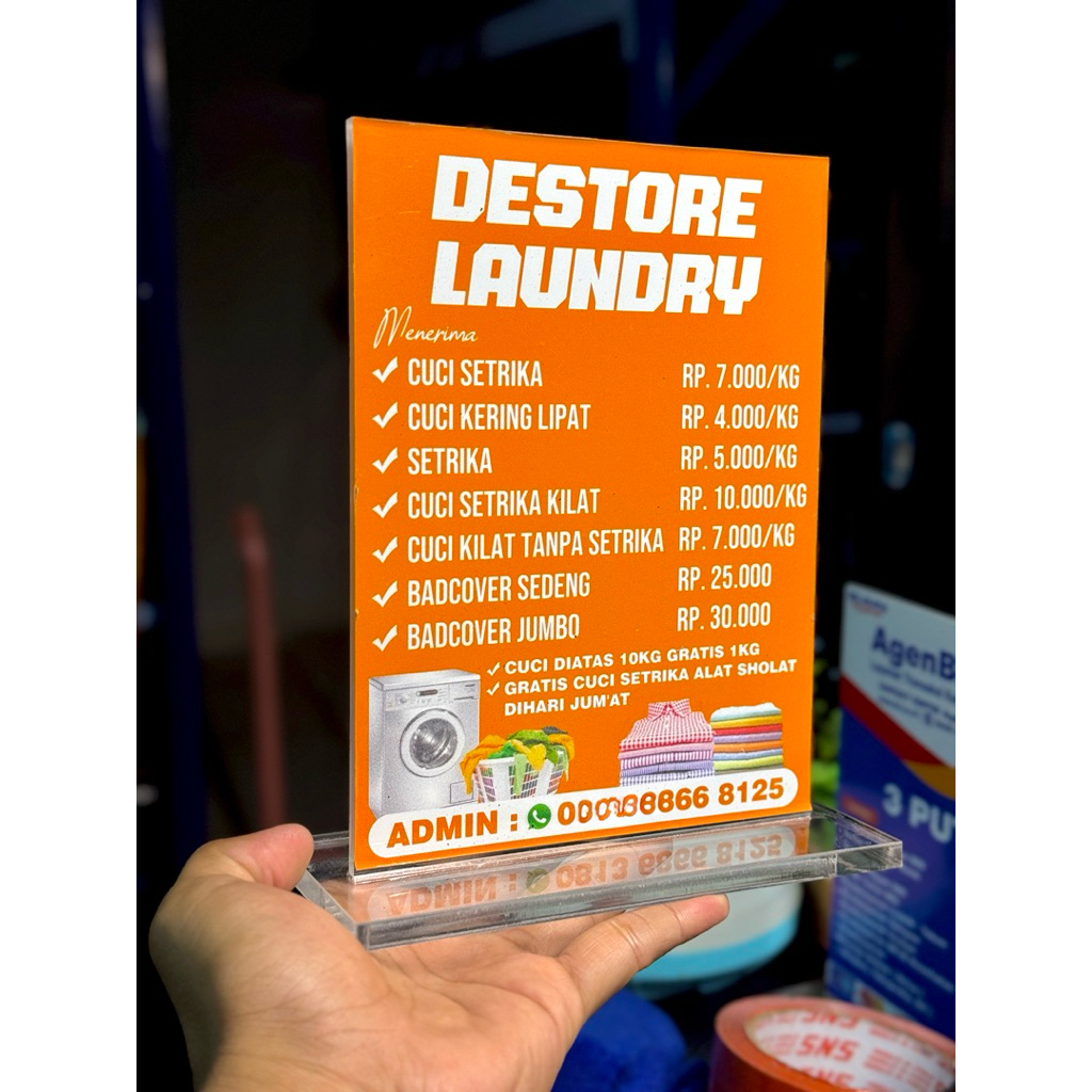 TABLE BOARD / DISPLAY BOARD สําหรับ LAUNDRY BUSINESS, CUSTOMIZED, THICK ACRYLIC MATERIAL, ขนาด 15x20