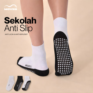 Moves Sekolah Anti Slip - Kaos Kaki Sekolah SD SMP SMA Premium Diatas Mata Kaki Telapak Hitam, Grip, Halus Menyerap Keringat