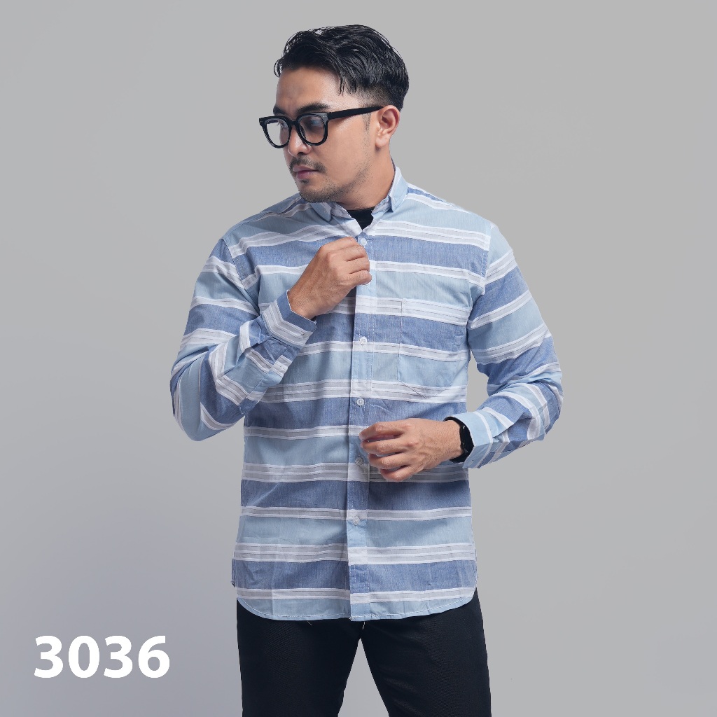 KEMEJA DGM Mens Premium Long Sleeve Striped Shirt Mens Striped Shirt Slimfit Mens Striped White Stri