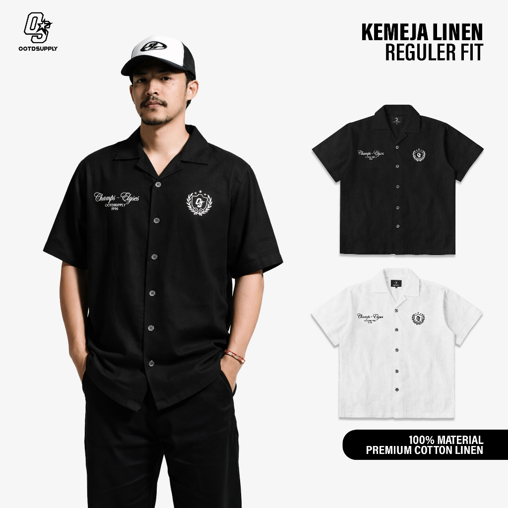 KEMEJA OOTDSUPPLY Regular Shirt Linen Elyses เย็บปักถักร้อย Black & White | เสื้อคอปกเปิด | แขนสั้นพ