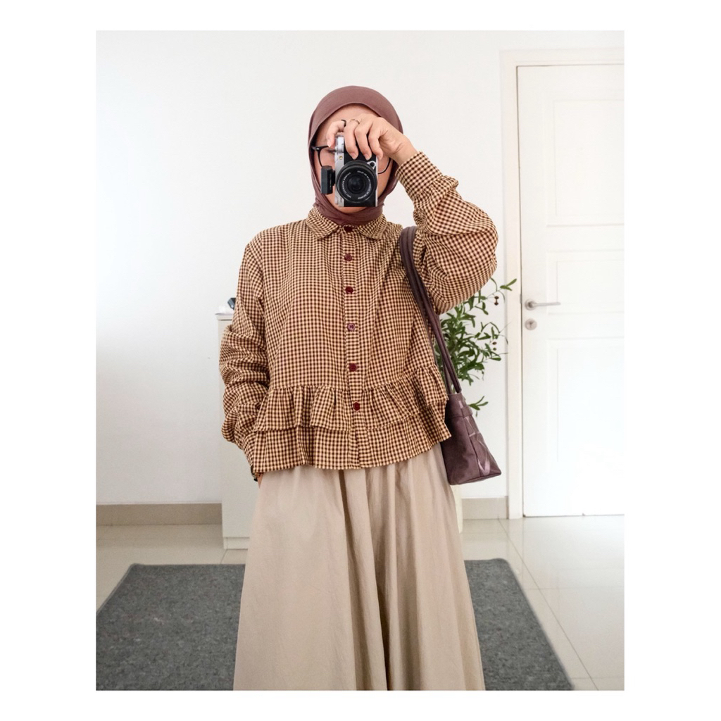 Kala Gingham Top ผู้หญิงแขนยาว Vintage Gingham Earth Tone Top