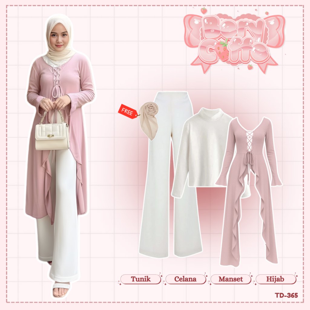 Onniwear - ชุด Eid 3-In-1 ล่าสุด (เสื้อบัลเล่ต์ + ข้อมือ + กางเกง Cutbray) ชุดฮิญาบ SET TD 365