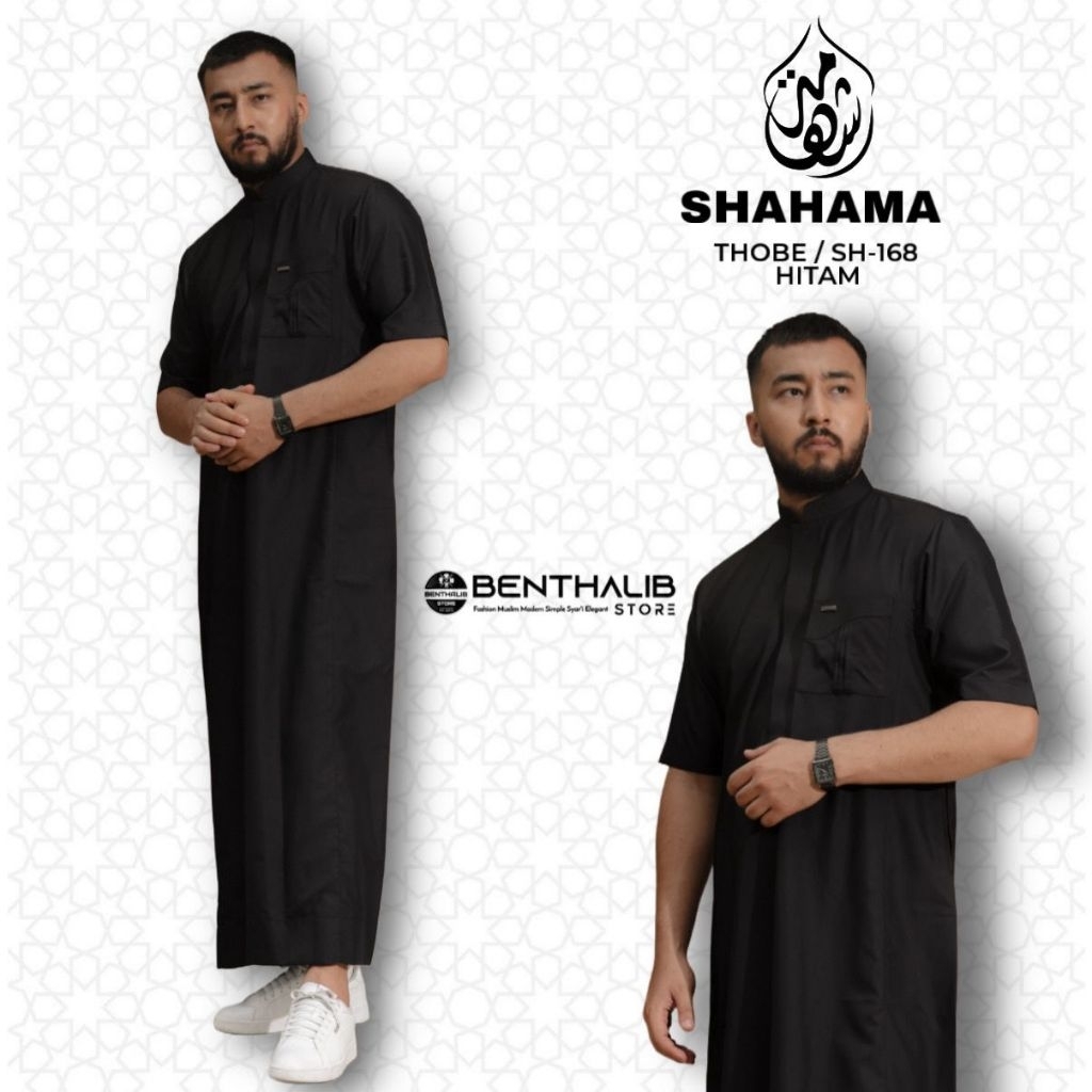 Thobe Shahama SH-168 Black Exclusive Mens Slimfit Short Sleeve Robe Dress