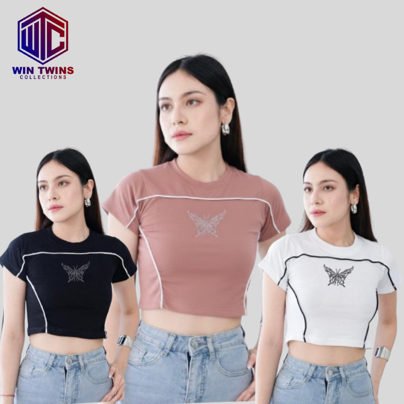 WIN TWINS Butterfly Crop Top - เสื้อยืดแขนสั้นสไตล์เกาหลี Street y2k 0035 (ML-XL)