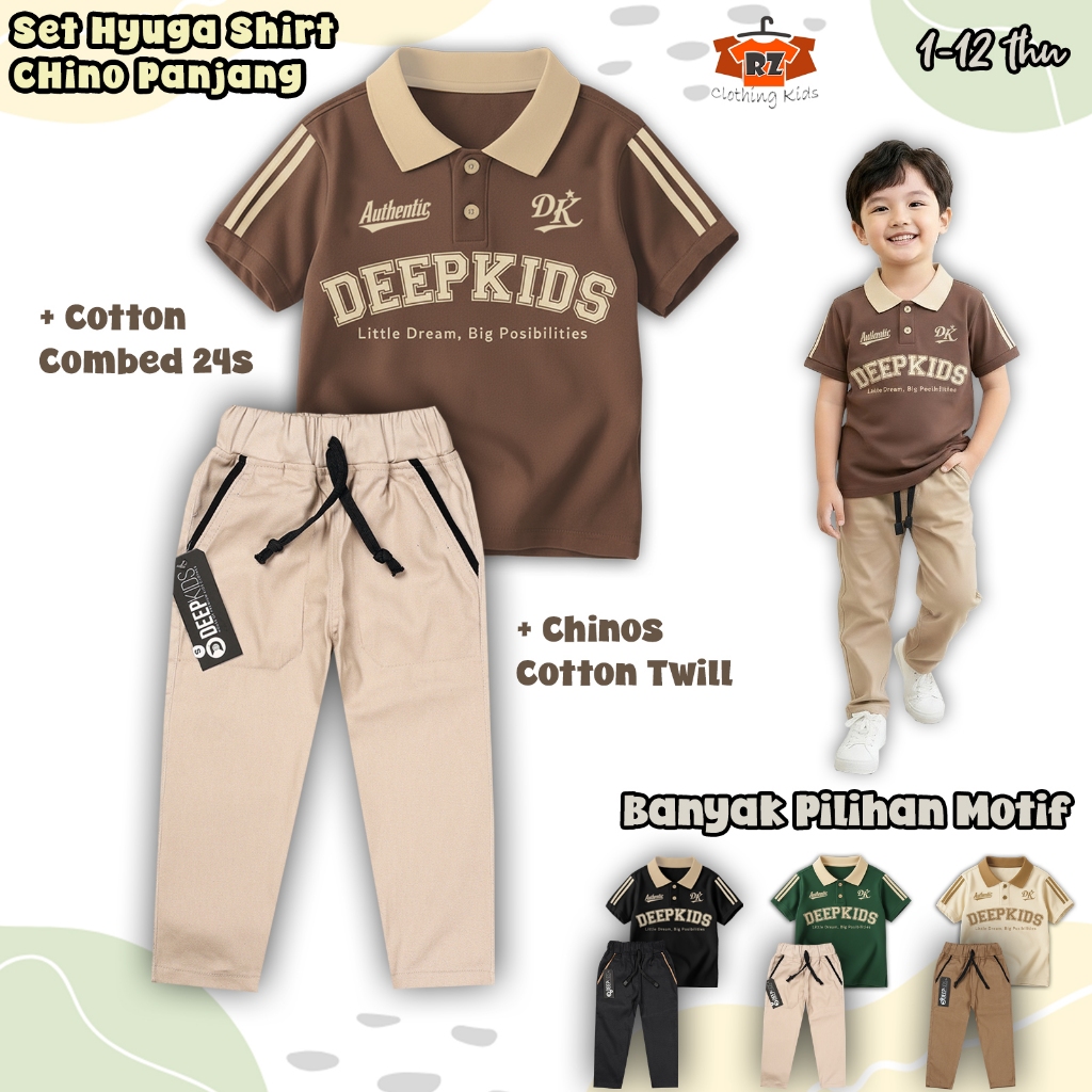 เสื้อยืดคอปกโปโลเด็กผู้ชาย & กางเกงชิโนยาวชุดทําจากผ้าฝ้ายหวี 24ส และผ้าฝ้ายพรีเมี่ยมสิ่งทอลายทแยงอา