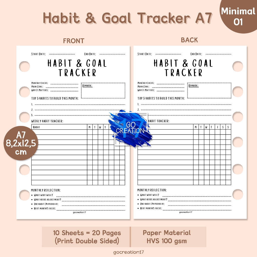 Planner Book Refill Paper Binder Habit & Goal Tracker Simple Minimalist A7
