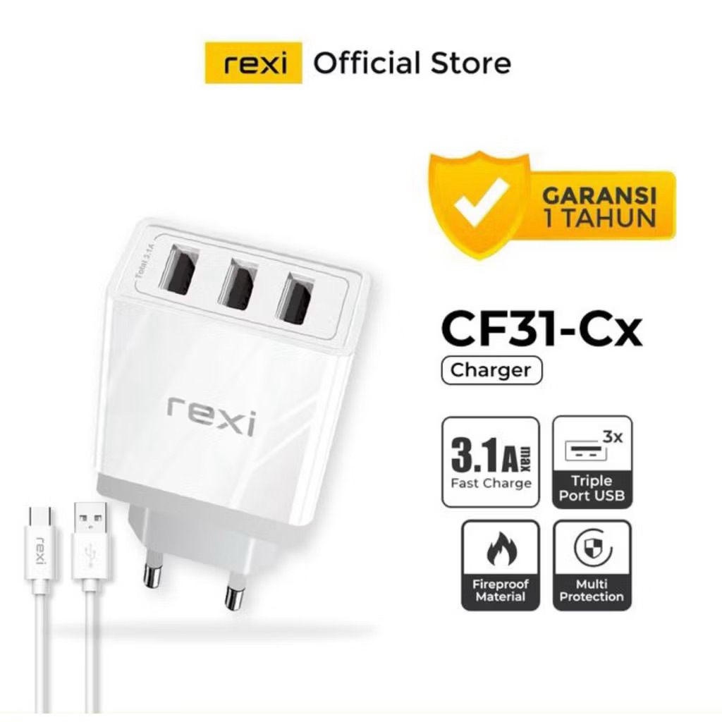 Rexi CF31-C Travel Charger 3.1A 3USB Fast Charging พร้อมสาย Type-C 1M CF31c