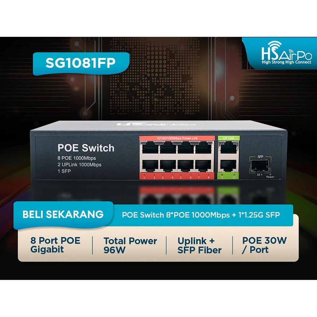 สวิตช์ 8 พอร์ต POE Gigabit HS AIRPO SG1081FP POE + 2 Uplink Gigabit + 1 SFP - AS