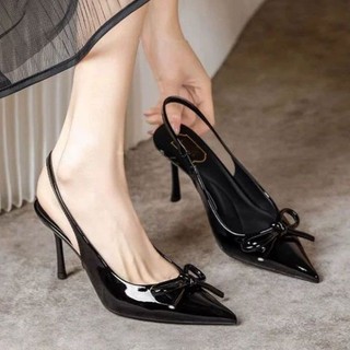 HT-Heels Sandal Hak Tinggi Wanita Baru Sandal Runcing Dangkal Sandal Dasi Pita Sepatu Hak Tinggi